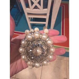 Vintage Faux Pearl Rhinestone Multi Strand Stretch Bracelet Chunky Statement